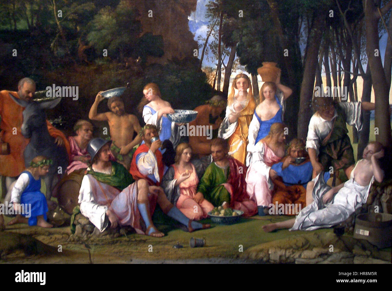Das fest der Götter (1514–1529) ist ein Meisterwerk von Giovanni Bellini und Tizian, das Techniken der Renaissance kombiniert. Es zeigt mythologische Götter in einer festlichen Szene und zeigt die lebhafte Verwendung von Farben und klassischen Themen beider Künstler. Stockfoto