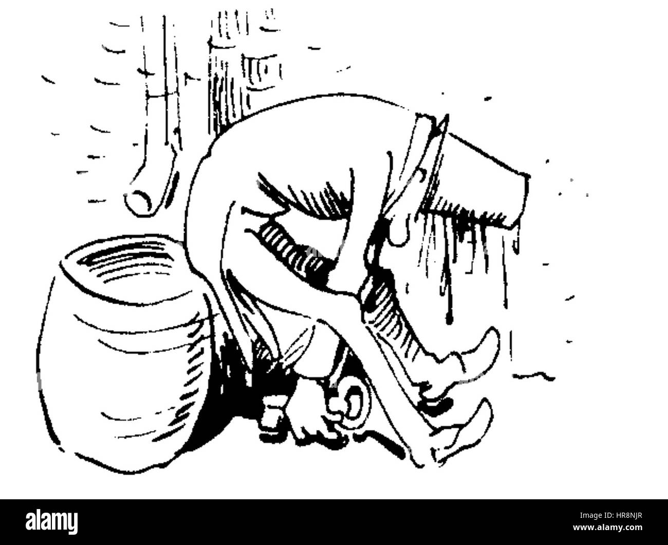 „Der Haarbeutel“ von W. Busch, bekannt für seinen detaillierten und ausdrucksstarken Stil, zeigt eine humorvolle Darstellung eines Mannes, der einen Haarbeutel hält, und vermittelt in seiner Darstellung des Alltags sowohl Wimmelei als auch Karikatur. Stockfoto