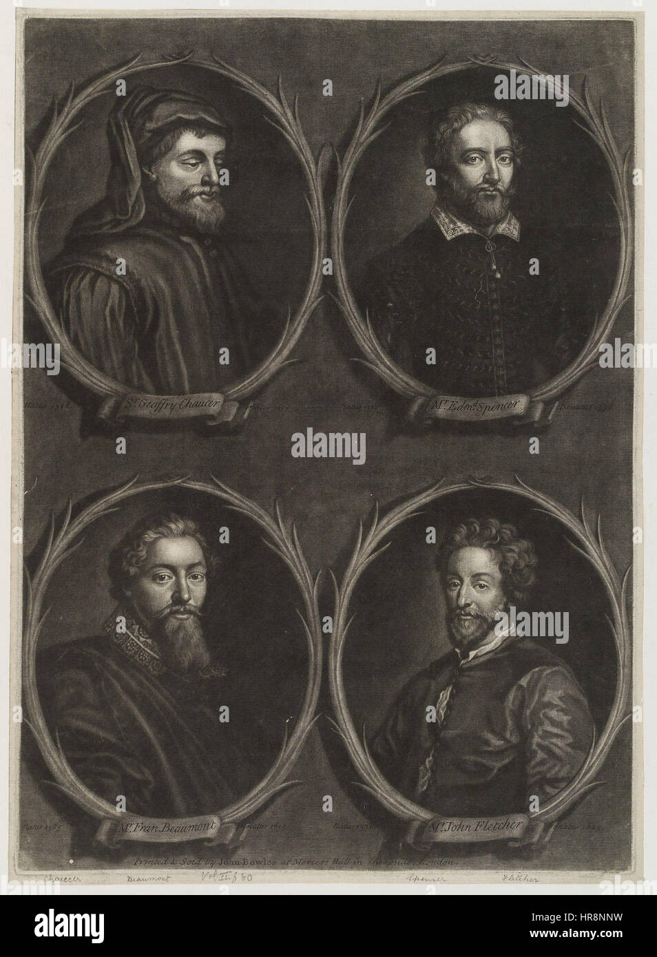 Worthies von Großbritannien; (Edmund Spenser; Geoffrey Chaucer; John Fletcher; Francis Beaumont) von John Bowles Stockfoto