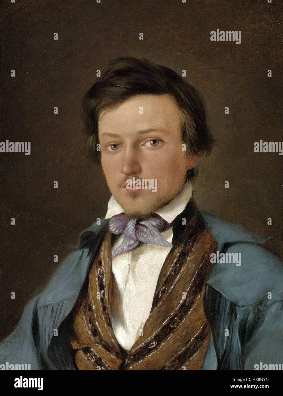 Bildnis des Lithographen Johann Adolph Kittendorf, ein Porträt von Johann Adolph Kittendorf, einem Lithographen, der einen blauen Malerumhang trägt, von Wilhelm Marstrand, einem dänischen Künstler, um 1841. Stockfoto