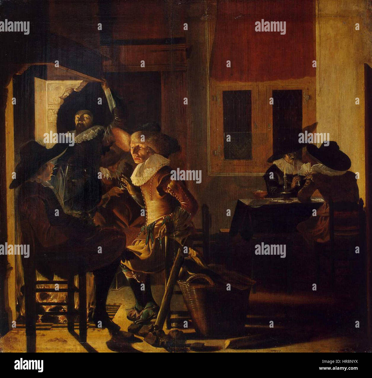 Willem Cornelisz. Duysters „Soldaten neben einem Kamin“ fängt einen friedlichen Moment im Leben der Soldaten des 17. Jahrhunderts ein. Das Gemälde zeigt Soldaten, die sich um einen Kamin versammelt haben und die Wärme und Kameradschaft unter ihnen während der Ruhe ihrer Stillstandzeit widerspiegeln. Stockfoto
