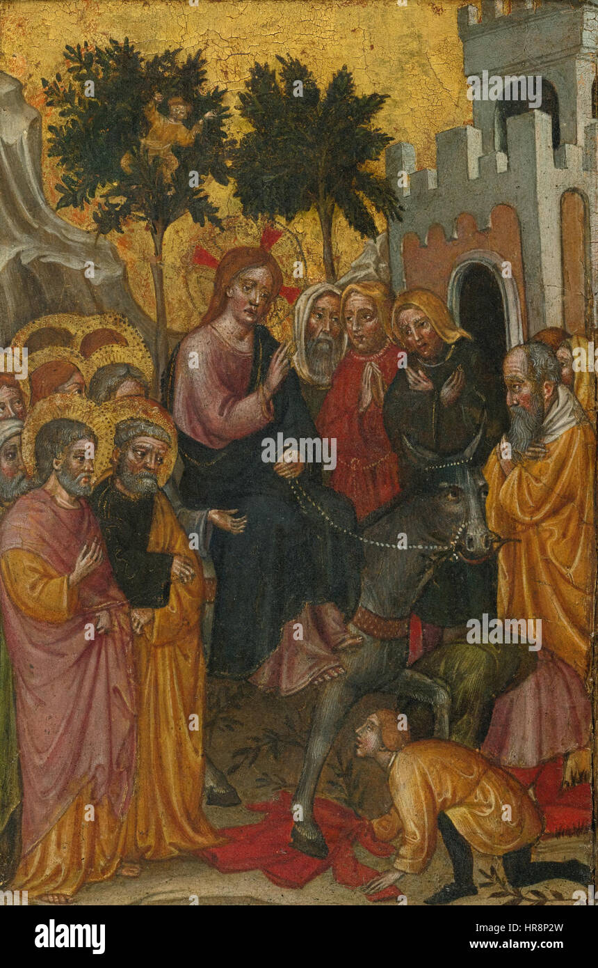 Zanino di Pietros „der Eintritt Christi in Jerusalem“ zeigt den biblischen Moment des triumphalen Eintritts Christi in die Stadt. Das Gemälde hebt die religiöse und historische Bedeutung des Ereignisses hervor und veranschaulicht die Menschenmassen, die Christus als Messias willkommen heißen. Stockfoto