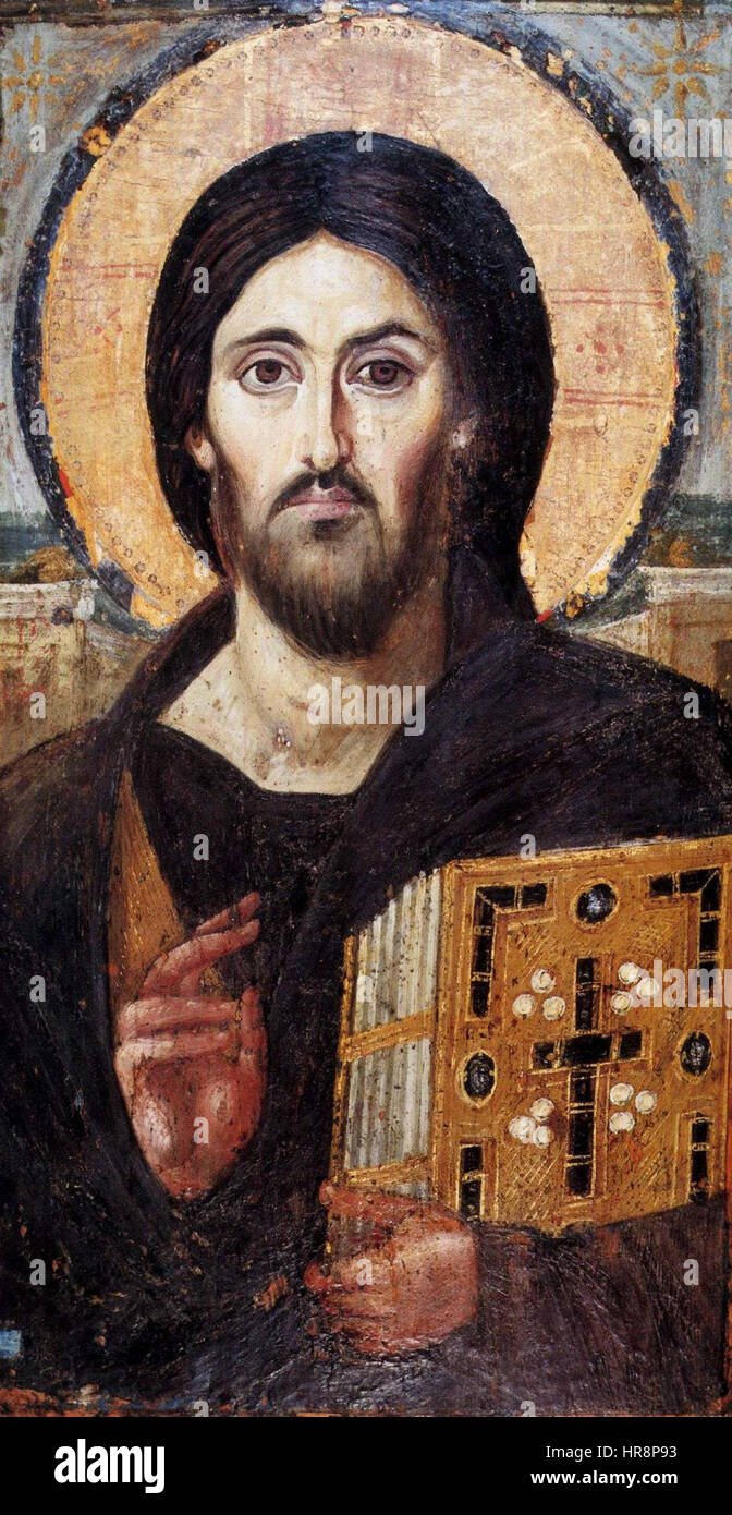 „Spas vsederzhitel“ (Erlöser in der Macht) ist eine ikonische russisch-orthodoxe Ikone, die Christus als den allmächtigen Herrscher darstellt. Der „Sinay“ bezieht sich auf den Berg Sinai, einen wichtigen Ort in christlichen und jüdischen Traditionen, der göttliche Offenbarung und Macht symbolisiert. Die Ikone zeigt Christus, der ein Buch hält und Segen opfert. Stockfoto