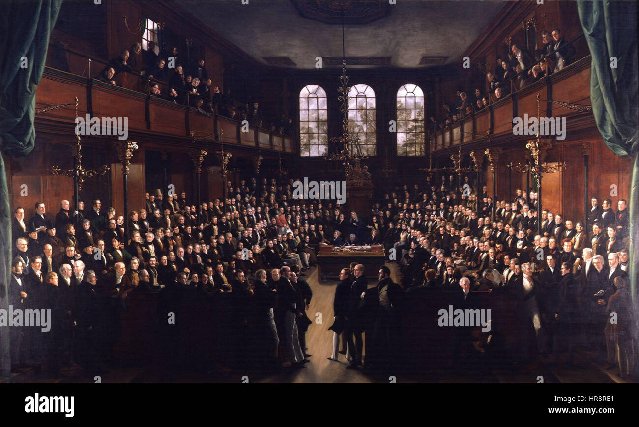 The House of Commons, 1833, ist ein historisches Gemälde von Sir George Hayter, das eine Szene aus dem britischen Parlament aufnimmt. Das Kunstwerk zeigt die Mitglieder des House of Commons, die an der Debatte beteiligt sind, und zeigt die politische Atmosphäre der damaligen Zeit. Hayters detaillierter Stil unterstreicht die Bedeutung des parlamentarischen Lebens im Großbritannien des 19. Jahrhunderts. Stockfoto