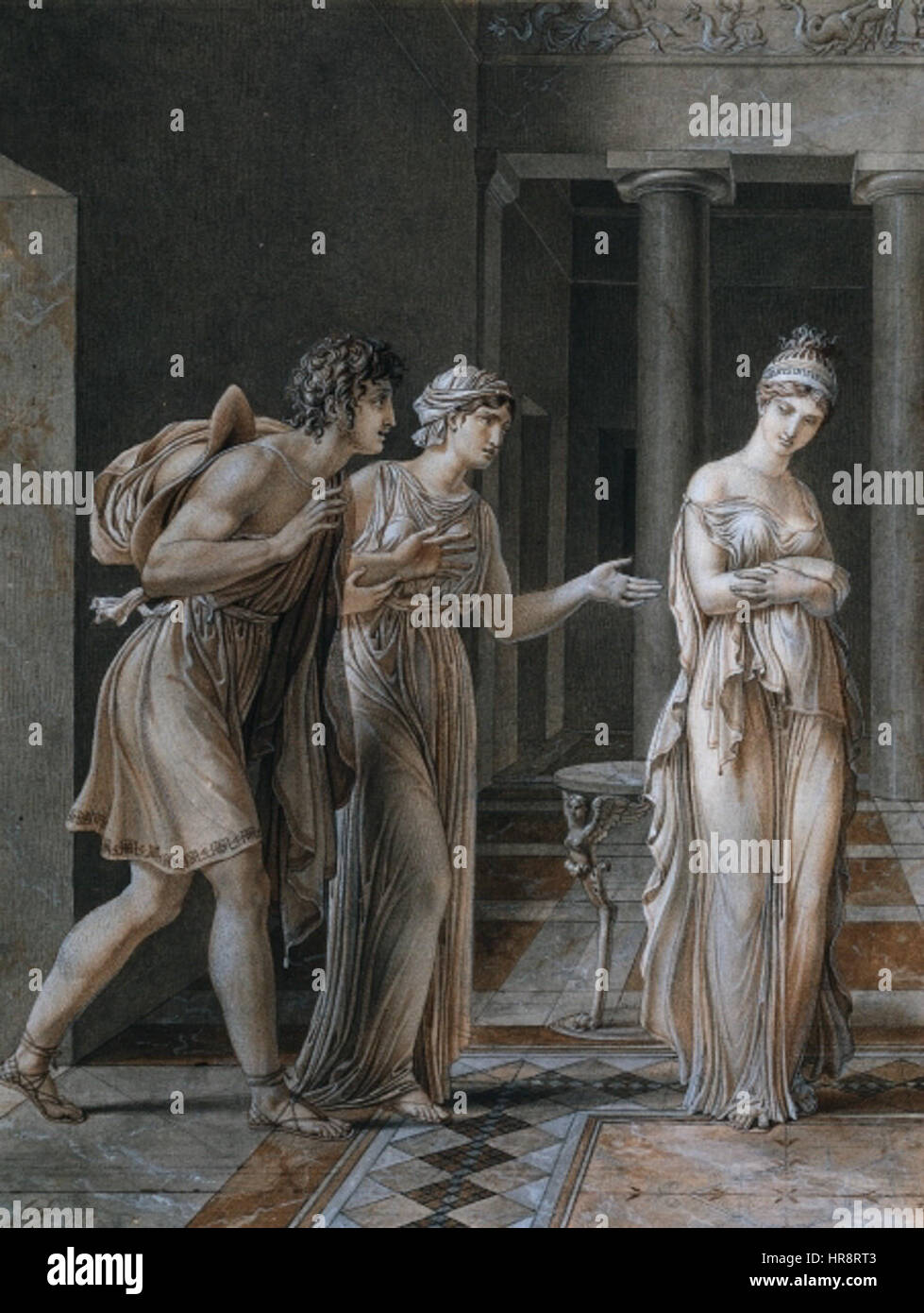 Dieses Gemälde zeigt den dramatischen Moment der Begegnung zwischen Orestes und Hermine in der klassischen Mythologie. Die Arbeit fängt die emotionale Intensität und die tragische Natur ihrer schicksalhaften Begegnung ein. Stockfoto