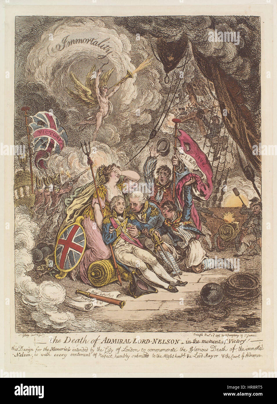 James Gillrays satirischer Druck „The Death of Admiral Lord Nelson – in the Moment of Victory!“ Humorvoll porträtiert der Tod von Admiral Nelson in der Schlacht von Trafalgar und stellt seinem heldenhaften Tod einen Moment des Sieges in der Schlacht gegenüber. Stockfoto