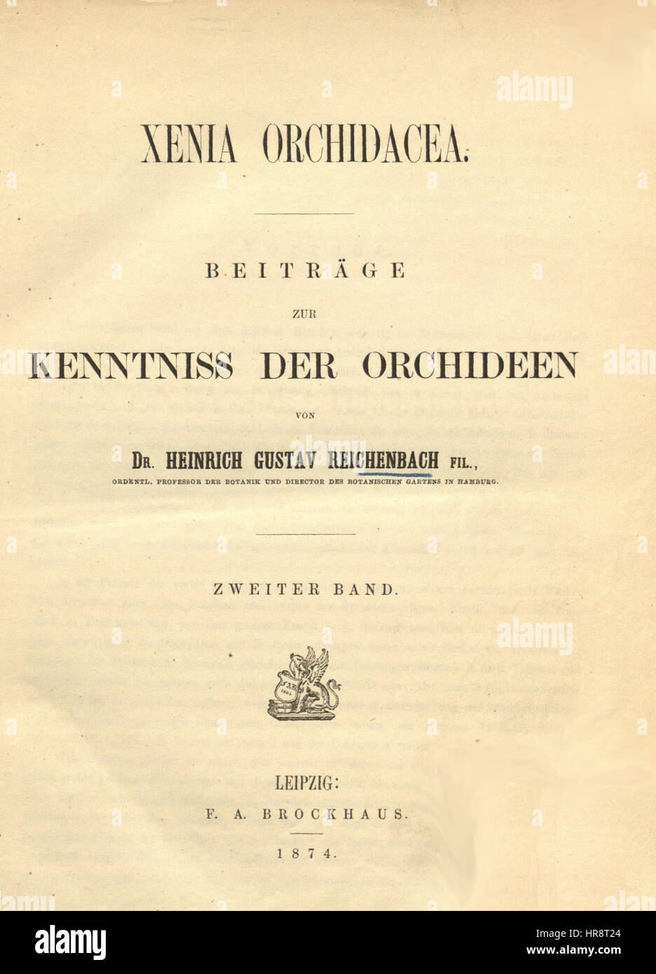 Die Titelseite von 'Xenia Vol. 2' (1874) stellt den künstlerischen und literarischen Inhalt des zweiten Bandes in einer Reihe über Botanik-Studien dar. Es enthält botanische Illustrationen und Schriften, die zur Entwicklung der botanischen Forschung und Kunst des 19. Jahrhunderts beitragen. Stockfoto