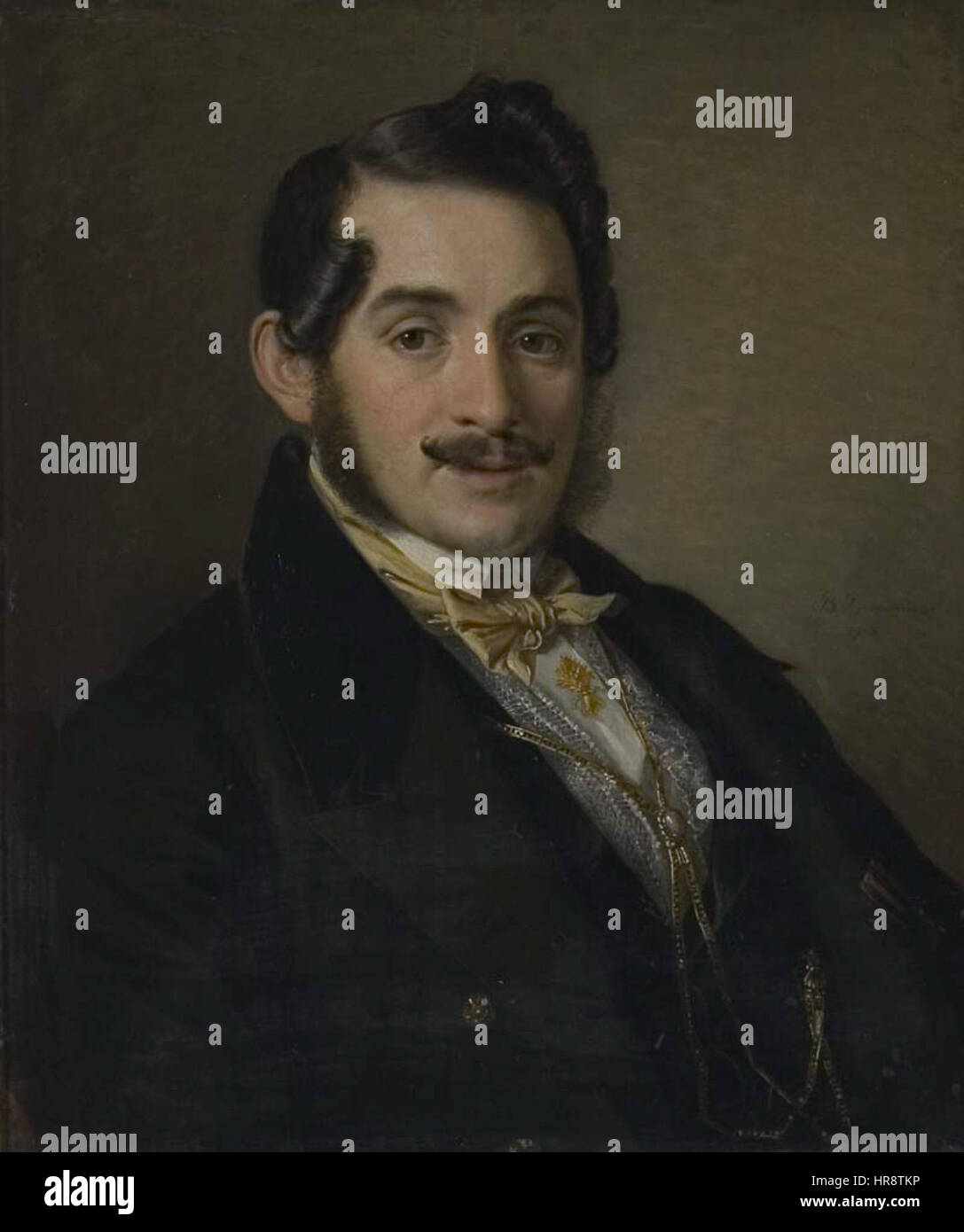 Wassily Tropinin, ein bekannter russischer Porträtmaler, ist bekannt für seine Fähigkeit, die psychologische Tiefe seiner Motive zu erfassen. Dieses Werk unterstreicht sein Talent, Individuen in einer natürlichen, aber ausdrucksstarken Weise darzustellen, die typisch für seinen Stil während des frühen 19. Jahrhunderts war. Stockfoto