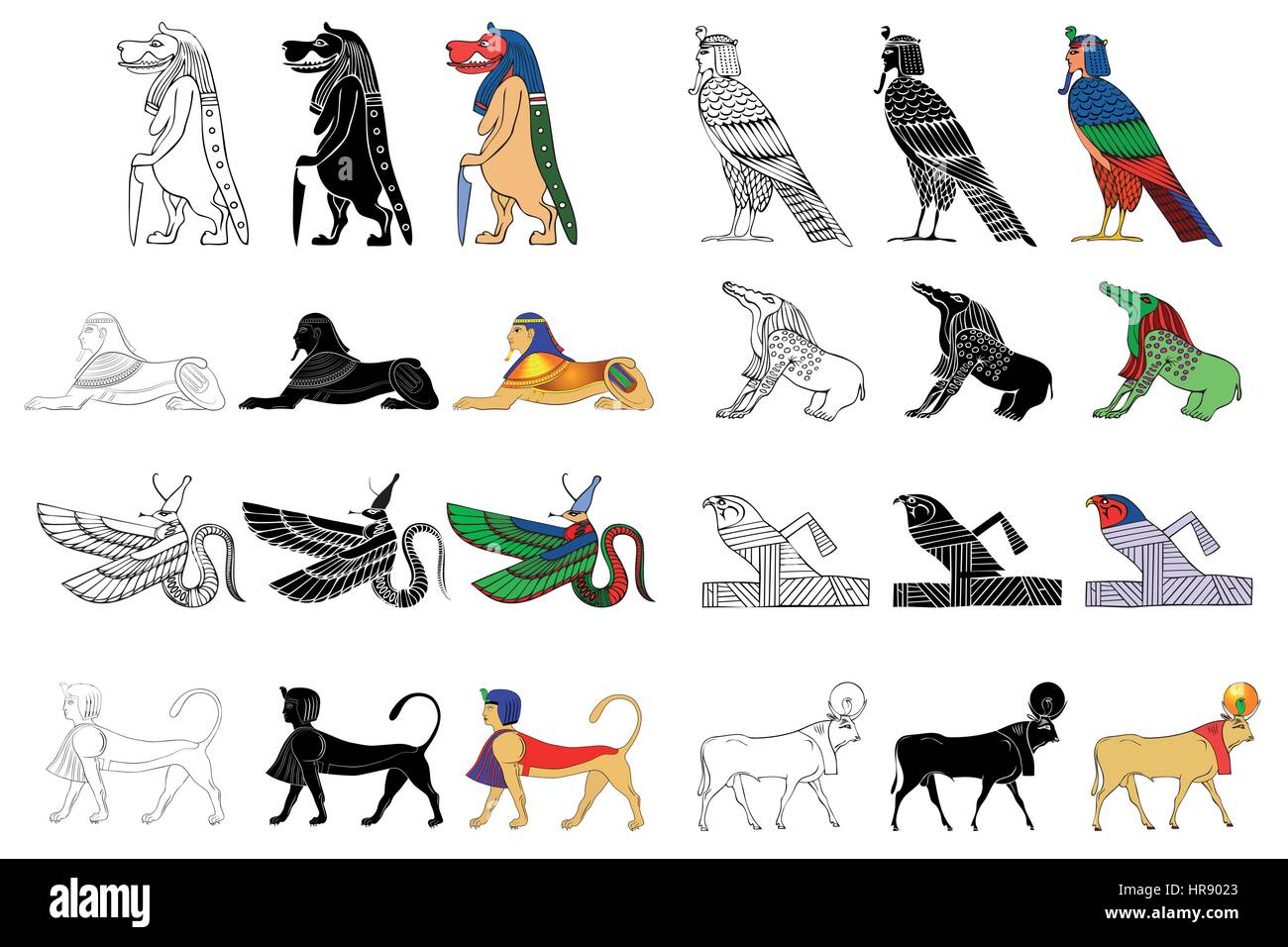 Verschiedene Kreaturen des alten Ägypten isoliert auf weißem Hintergrund Stock Vektor