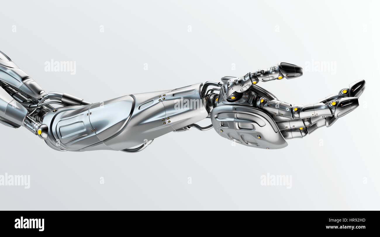 Künstliche Stahl futuristische Roboterarm mit Fragen Geste Stockfoto