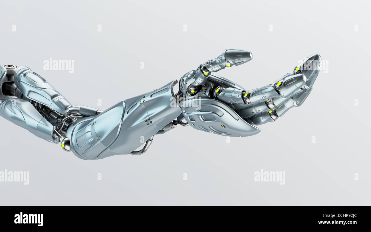 Künstliche Stahl futuristische Roboterarm mit Fragen Geste Stockfoto
