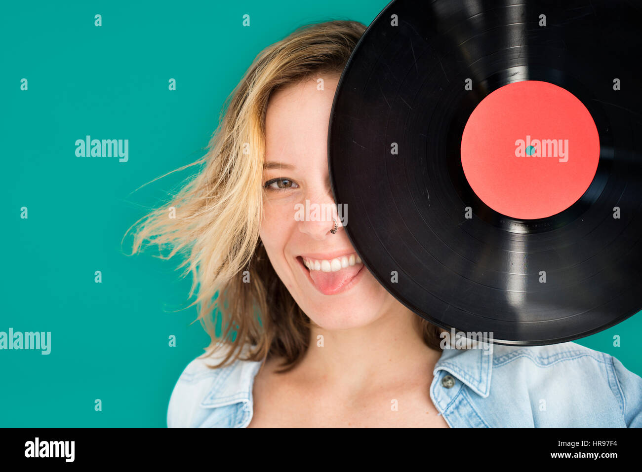 Kaukasische Lady Vintage Vinyl-Konzept Stockfoto