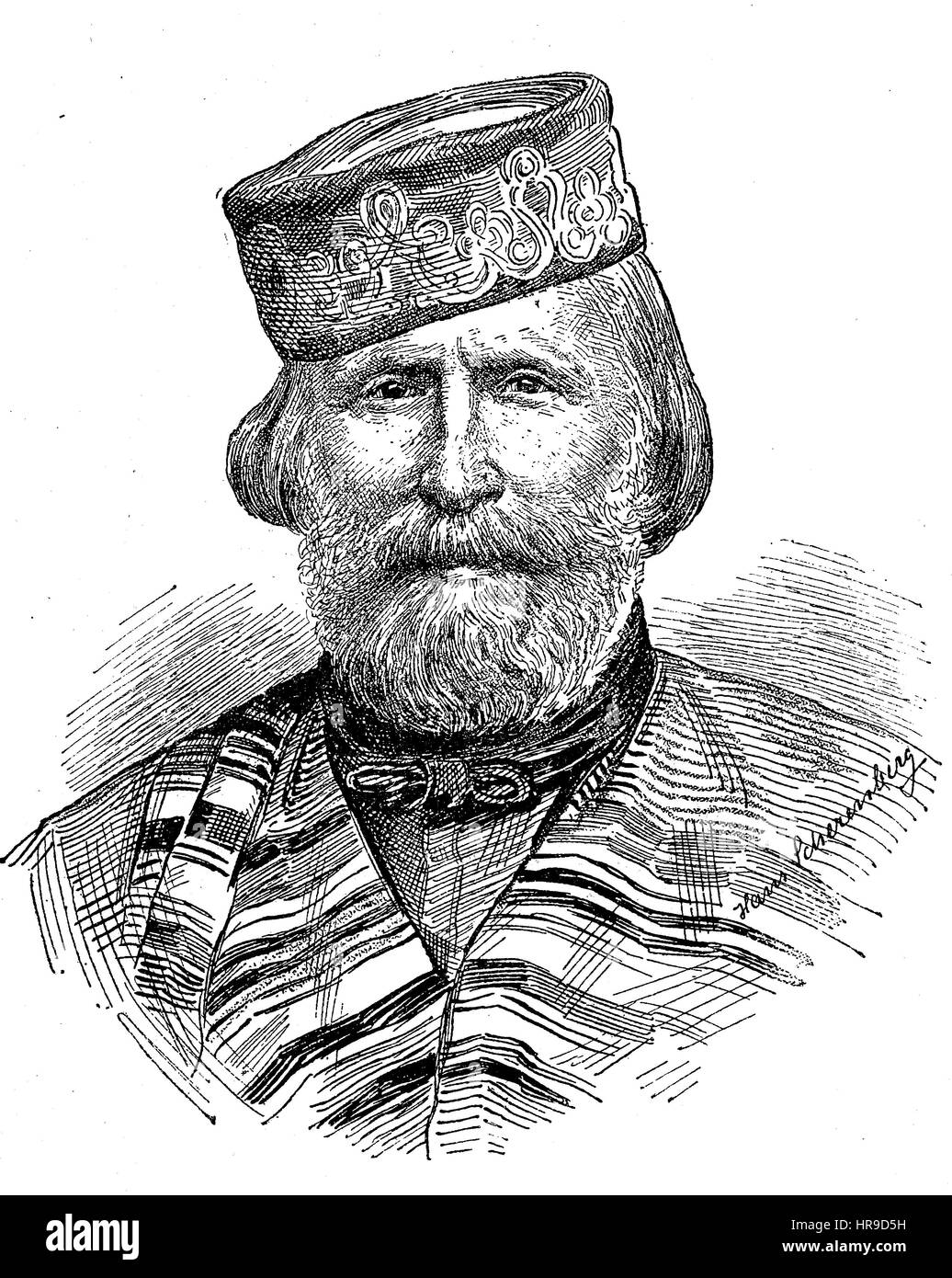 Giuseppe Garibaldi, 1807-1882, war ein italienischer General, Politiker und Nationalist, eine große Rolle in der Geschichte Italiens, die Situation aus der Zeit der Franco-Preussischer Krieg spielte, oder Französisch-deutscher Krieg, Deutsch-Franzoesischer Krieg 1870-1871, Reproduktion einer original Holzschnitt aus dem Jahr 1885, digital verbessert Stockfoto