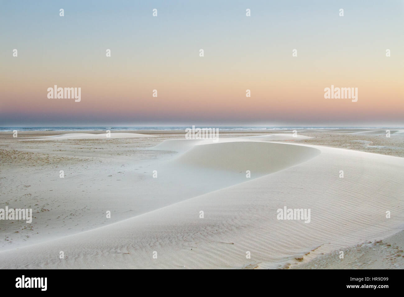 Traumhafte Landschaft, Sonnenaufgang auf einem riesigen Strand mit kleinen Barchan Dünen (Vordünen) Stockfoto