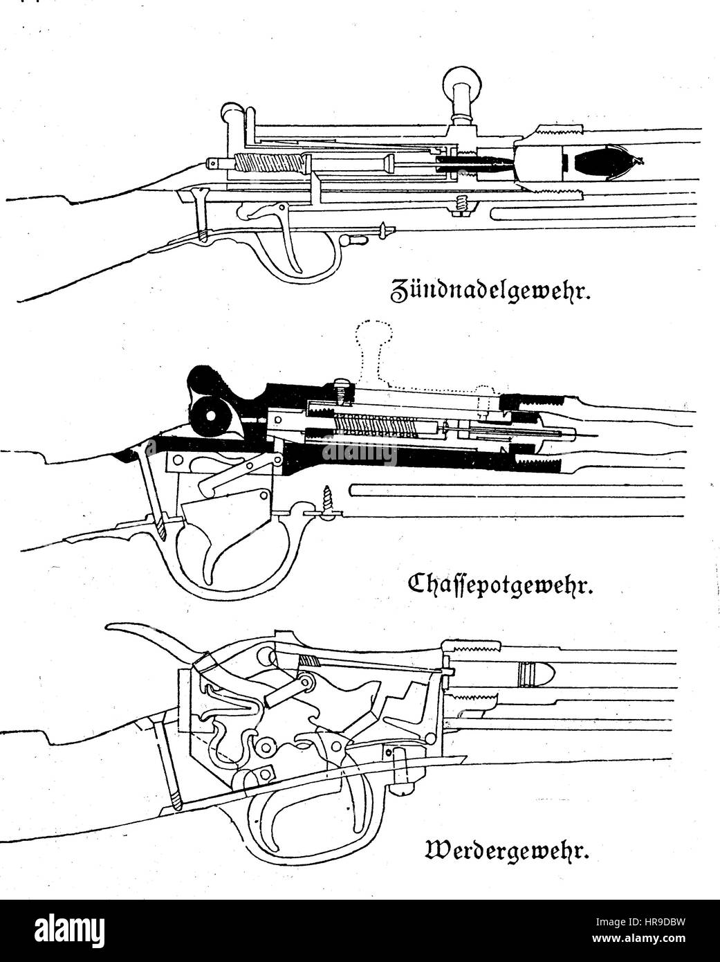 WWeapons im deutsch-französischen Krieg, die Dreyse Nadel-Pistole, die eine militärische breechloading Rifle, berühmt als die wichtigsten Infanterie Waffe der Preußen,, die es für den Dienst im Jahr 1841 angenommen ist wie leichte Perkussion Modell 1841 Pistole, leichte Perkussion Gewehr Modell 1841. Das Chassepot, offiziell bekannt als Fusil Modele 1866, was eine militärische breechloading Repetierbüchse. Das bayerische Werder-Gewehr M / 1869 war das erste Deutsch-backed Gewehr Gewehr mit einer metallischen Patrone und eine zentrale Zündung, Situation aus der Zeit der Franco-Preussischer Krieg oder Französisch-deutscher Krieg, Deutsch-Franzoesischer Krieg 1 Stockfoto