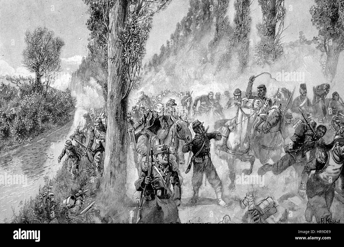 Rückzug der Franzosen bei Gravelotte, Frankreich, Situation aus der Zeit der Franco-Preussischer Krieg oder Französisch-deutscher Krieg, Deutsch-Franzoesischer Krieg 1870-1871, Reproduktion einer original Holzschnitt aus dem Jahr 1885, digital verbessert Stockfoto
