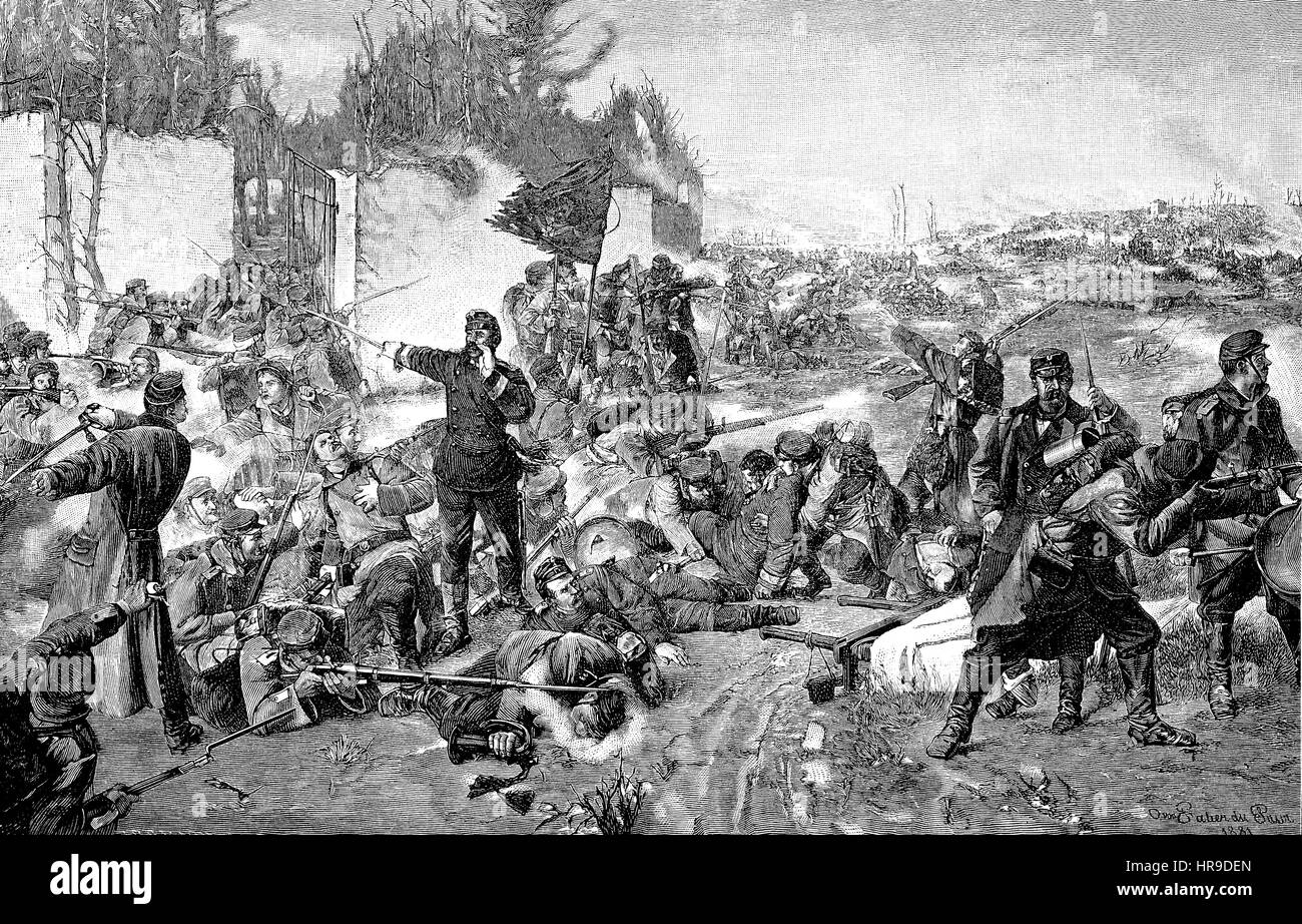 Schlacht des Grenadier-Regiment Königin Olga im Coeilly Park, 30. November 1870, Frankreich, Situation aus der Zeit der Franco-Preussischer Krieg oder Französisch-deutscher Krieg, Deutsch-Franzoesischer Krieg 1870-1871, Reproduktion einer original Holzschnitt aus dem Jahr 1885, digital verbessert Stockfoto