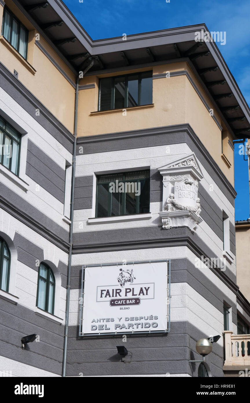 Bilbao: das Zeichen des Fair Play Cafe, eine Bar vor dem San Mames Stadion, das Fußball-Stadion ist die Heimat von Athletic Bilbao Stockfoto