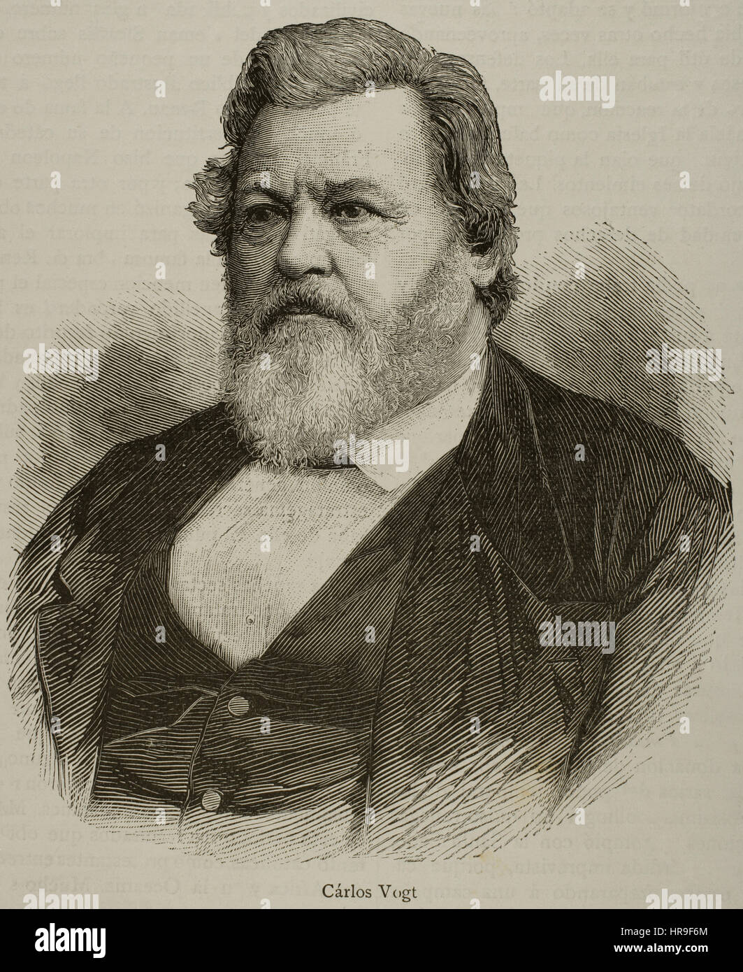 Karl Vogt (1817-1895). Deutsche Wissenschaftler, Philosoph und Politiker. Porträt. Gravur in "Nuestro Siglo", 1883. Stockfoto