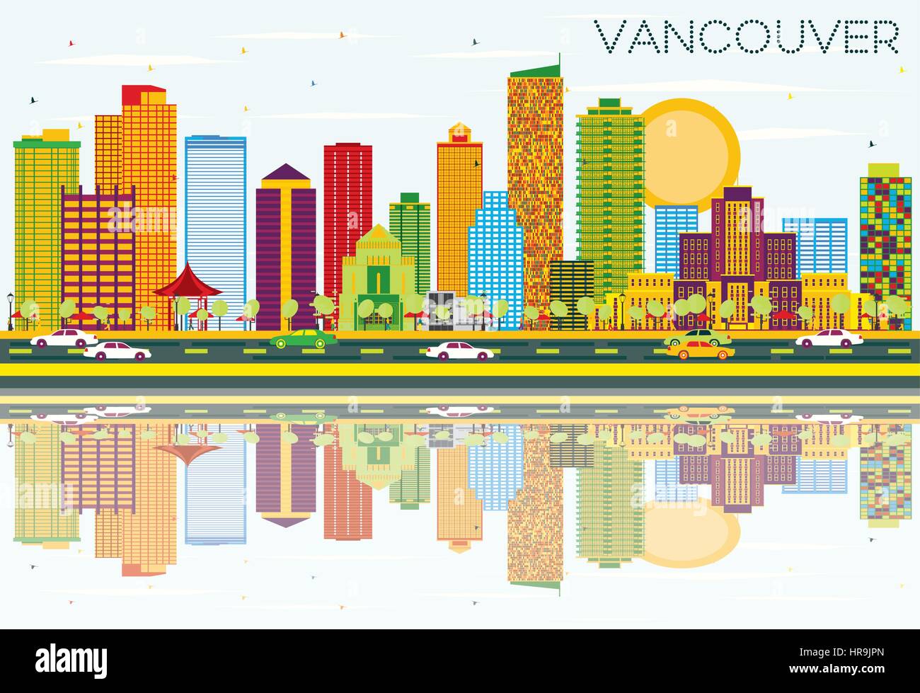 Skyline von Vancouver mit Farbe Gebäude, blauer Himmel und Reflexionen. Vector Illustration. Business Travel und Tourismus Konzept mit moderner Architektur. Stock Vektor