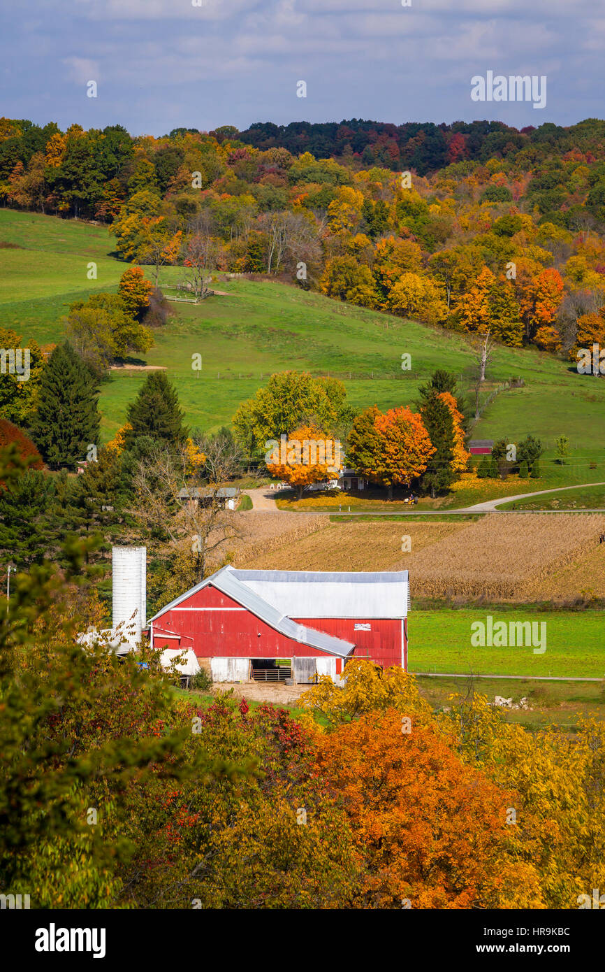 Amische Bauernhöfe in einem Tal mit Herbst Laub Farbe in der Nähe von Walnut Creek, Ohio, USA. Stockfoto