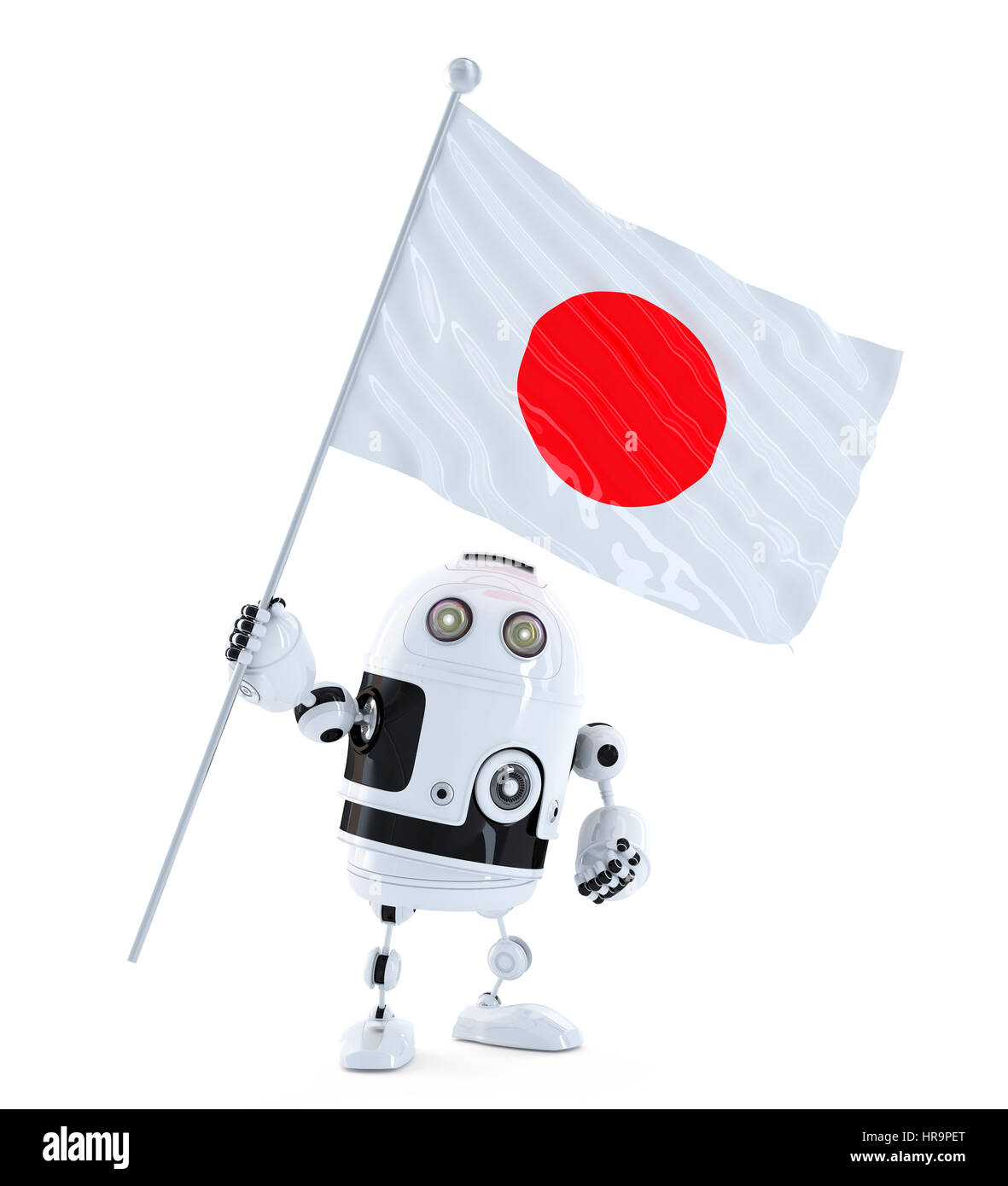 Android Roboter stehen mit Flagge von Japan. Isoliert auf weiß Stockfoto