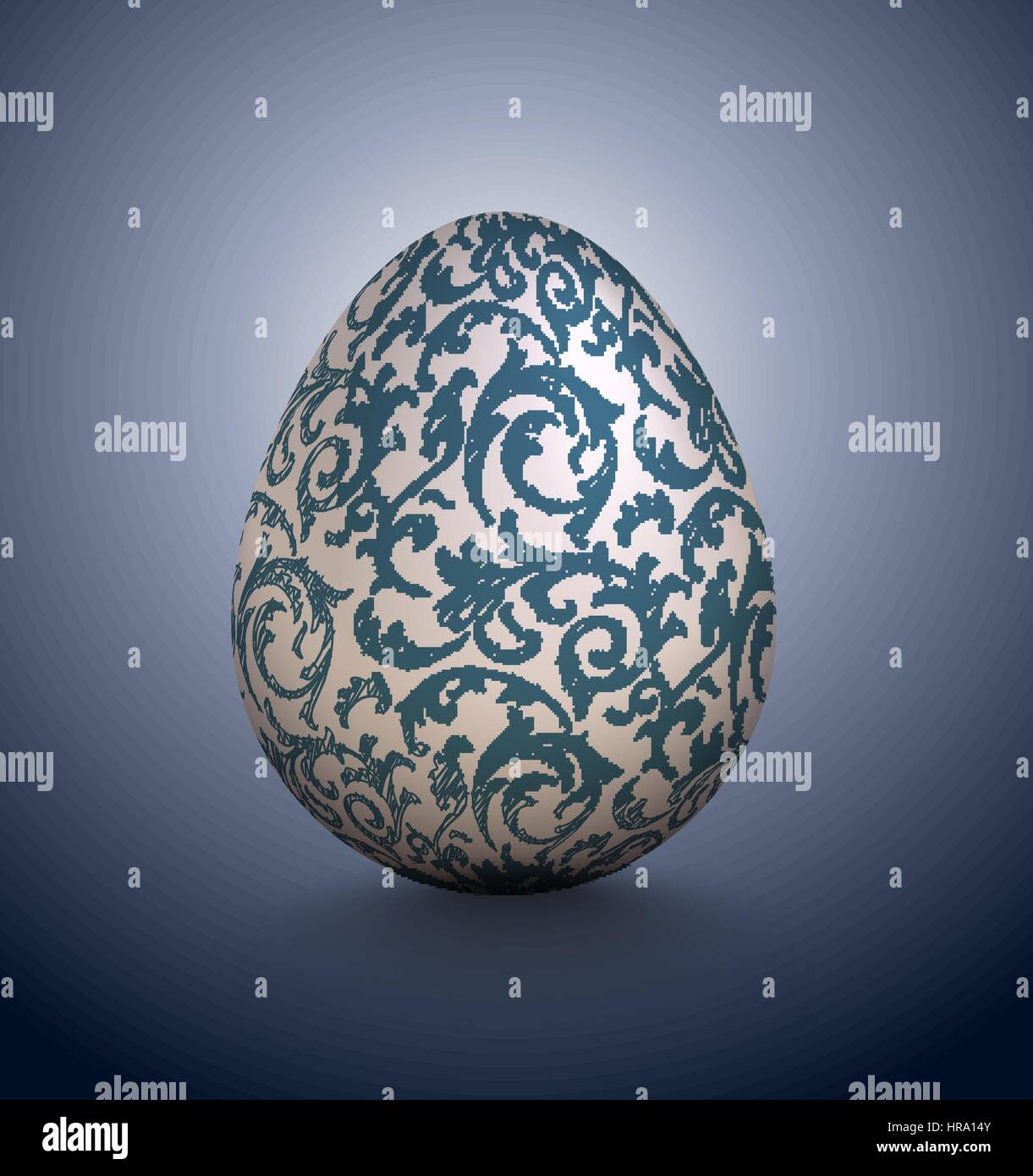 Weißes realistische Ei mit Tinte handgezeichneten Blumenmuster. Isoliert auf blauem Hintergrund. Vintage Banner, Karte, Plakat für Ostern, Business-Konzept. Stock Vektor