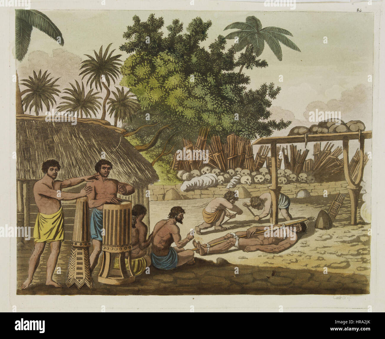 Darstellung des menschlichen Opfers in eine Morai in Otaheite im Beisein von Captain Cook und seine Offiziere, Le Costume Ancien et Moderne von Giulio Ferrario, 1827 Stockfoto