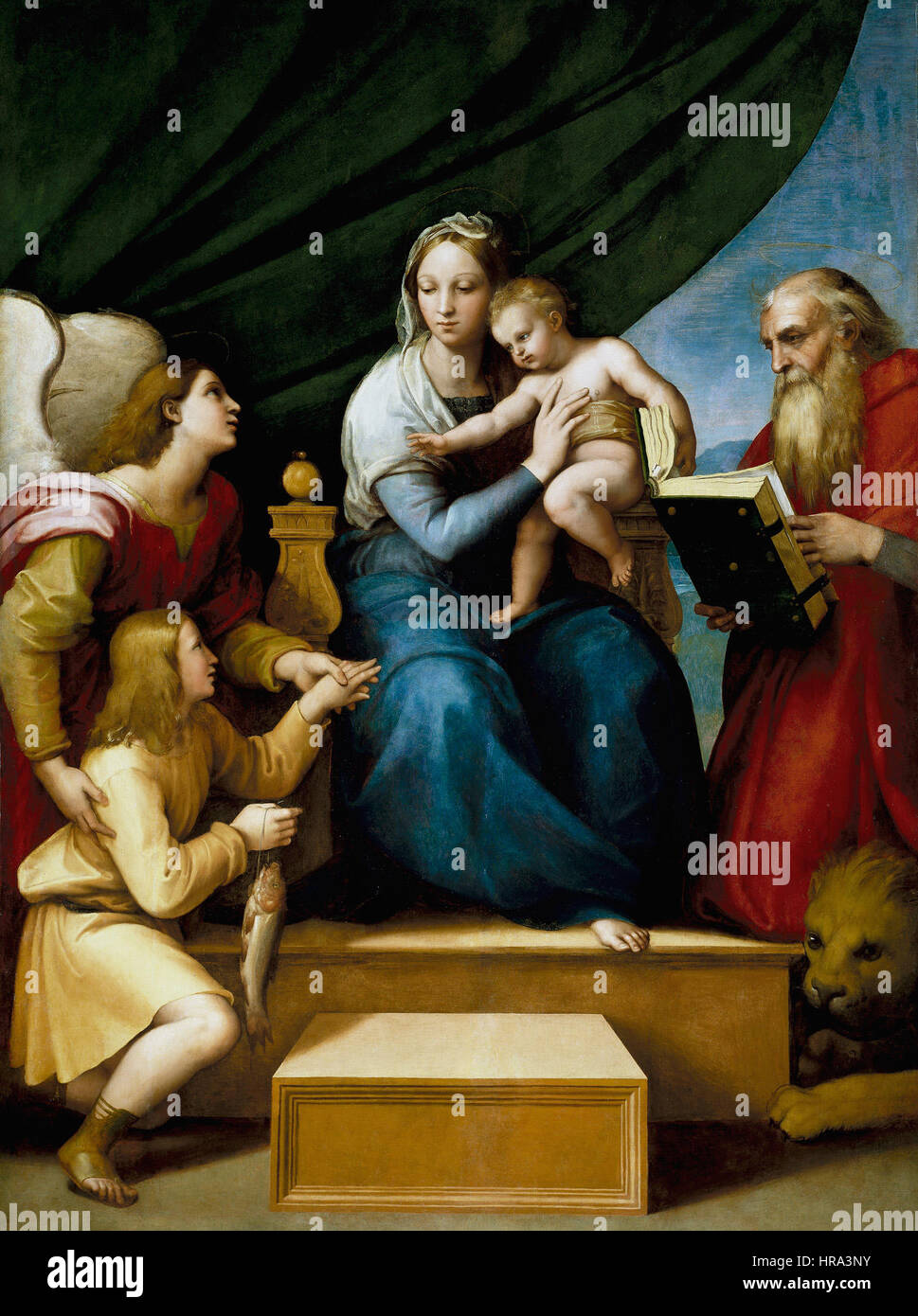 Raffaello Sanzio - Sacra Famiglia Con Rafael, Tobia e San Girolamo, o Vergine del pesce Stockfoto