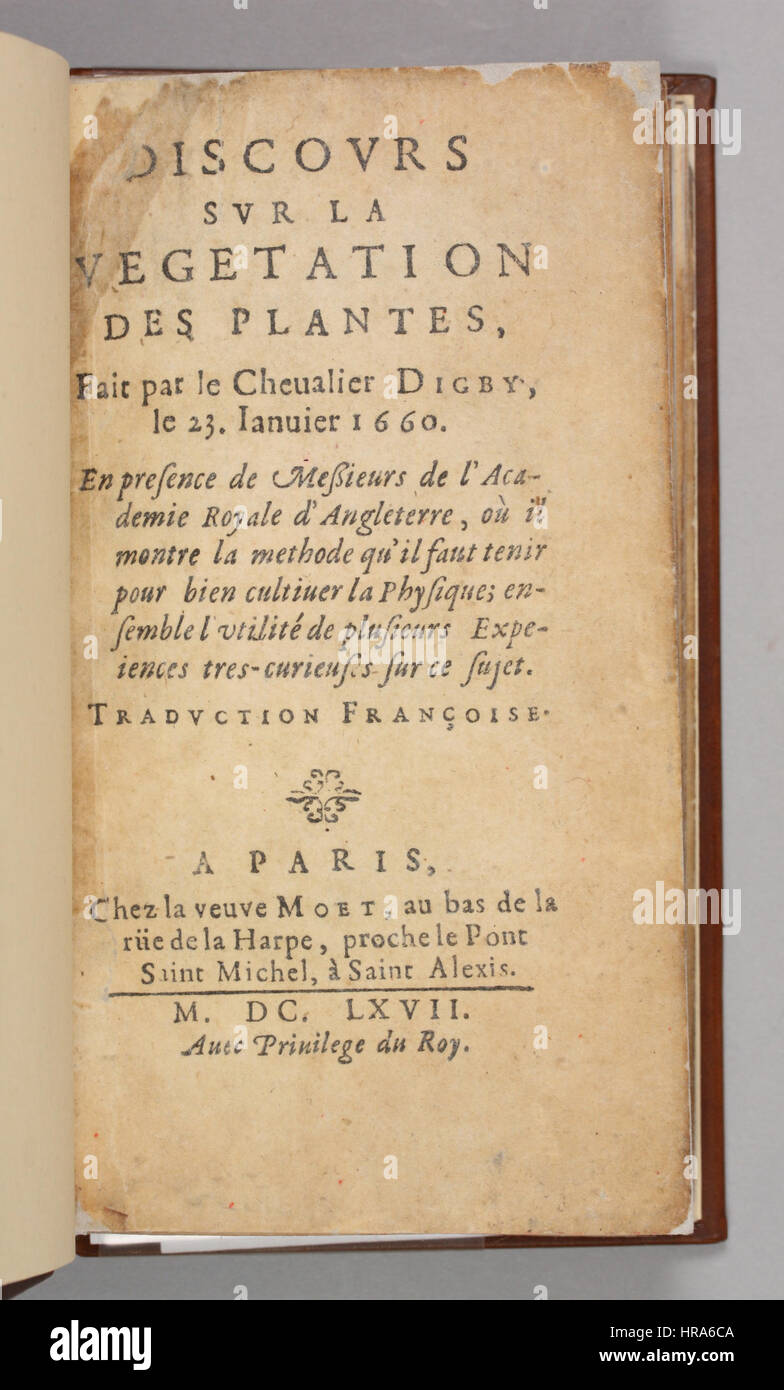 Kenelm Digby 1667 Discours Sur la Vegetation des plantes Stockfoto
