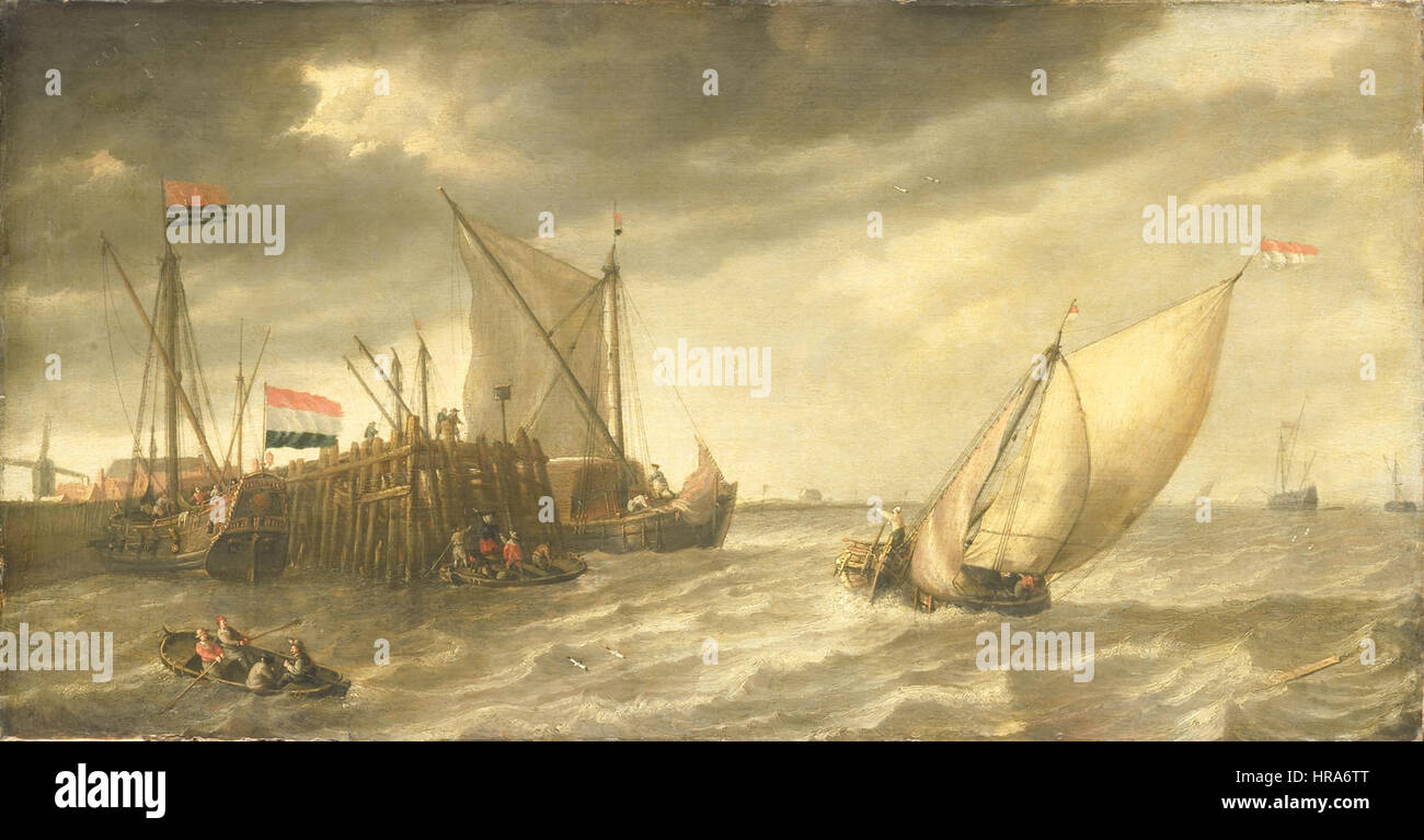 Löwener Bij Een Steiger - Schiffe in der Nähe von einem Pier (Bonaventura Peeters I, 1652) Stockfoto