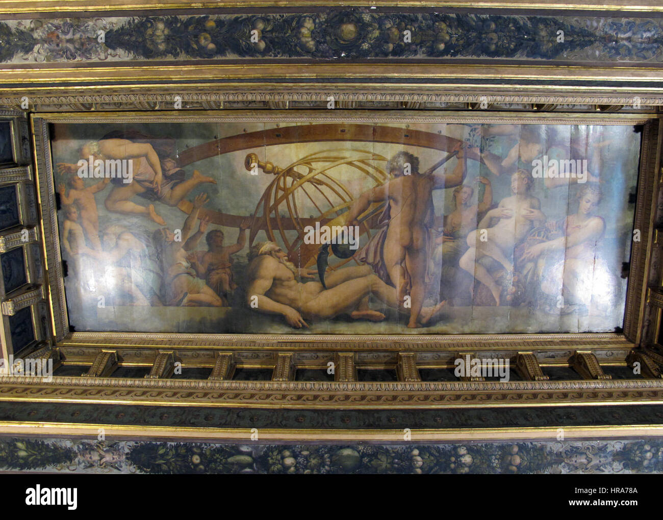 Sala Degli Elementis, Crono, Tra Allegorie, Lackbeschä-Urano pro Originare i 4 Elementis, di Vasari, c. Gherardi e M. da Faenza 01 Stockfoto