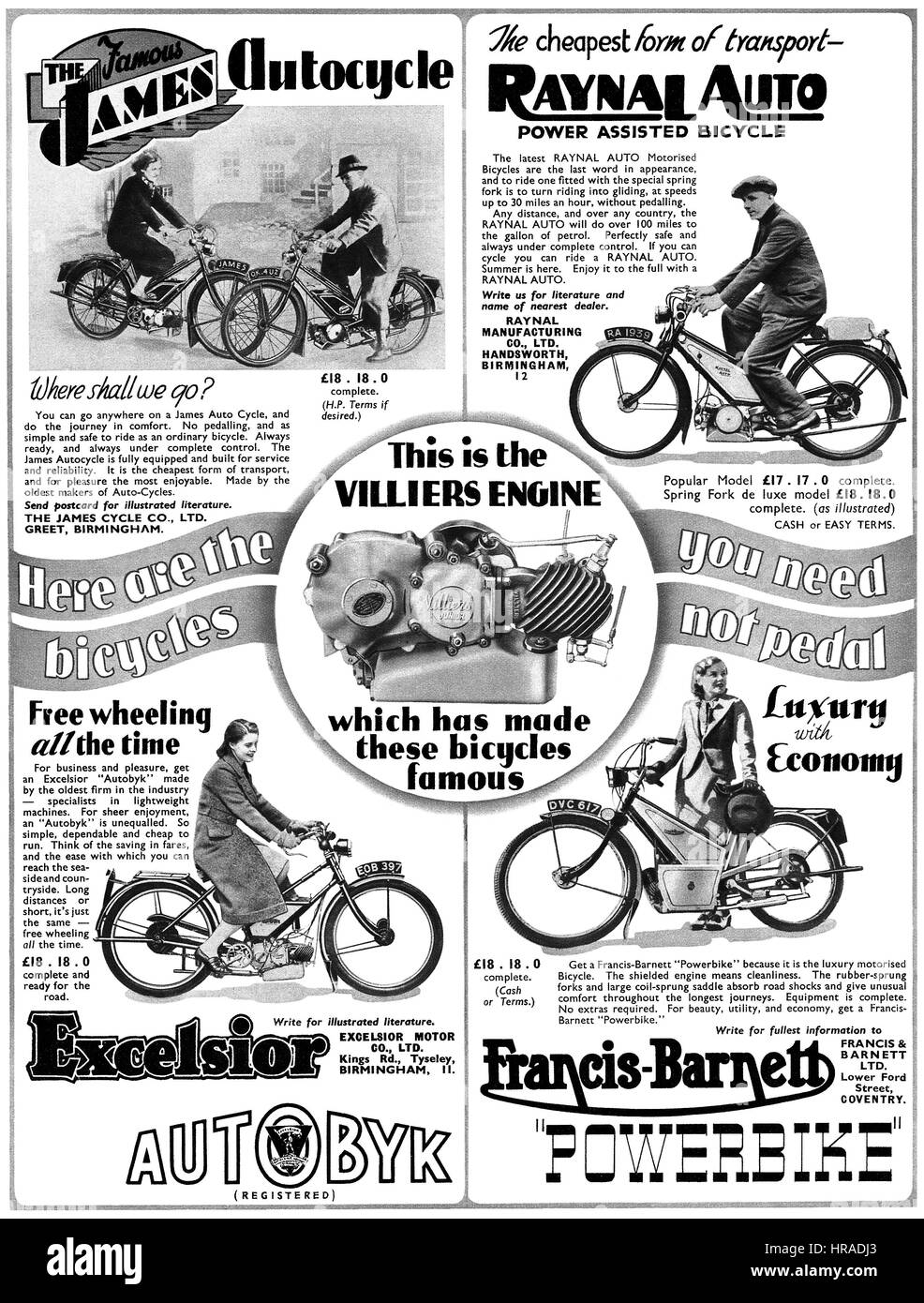 1939 britische Werbung für Villiers Zyklus Motoren. Stockfoto