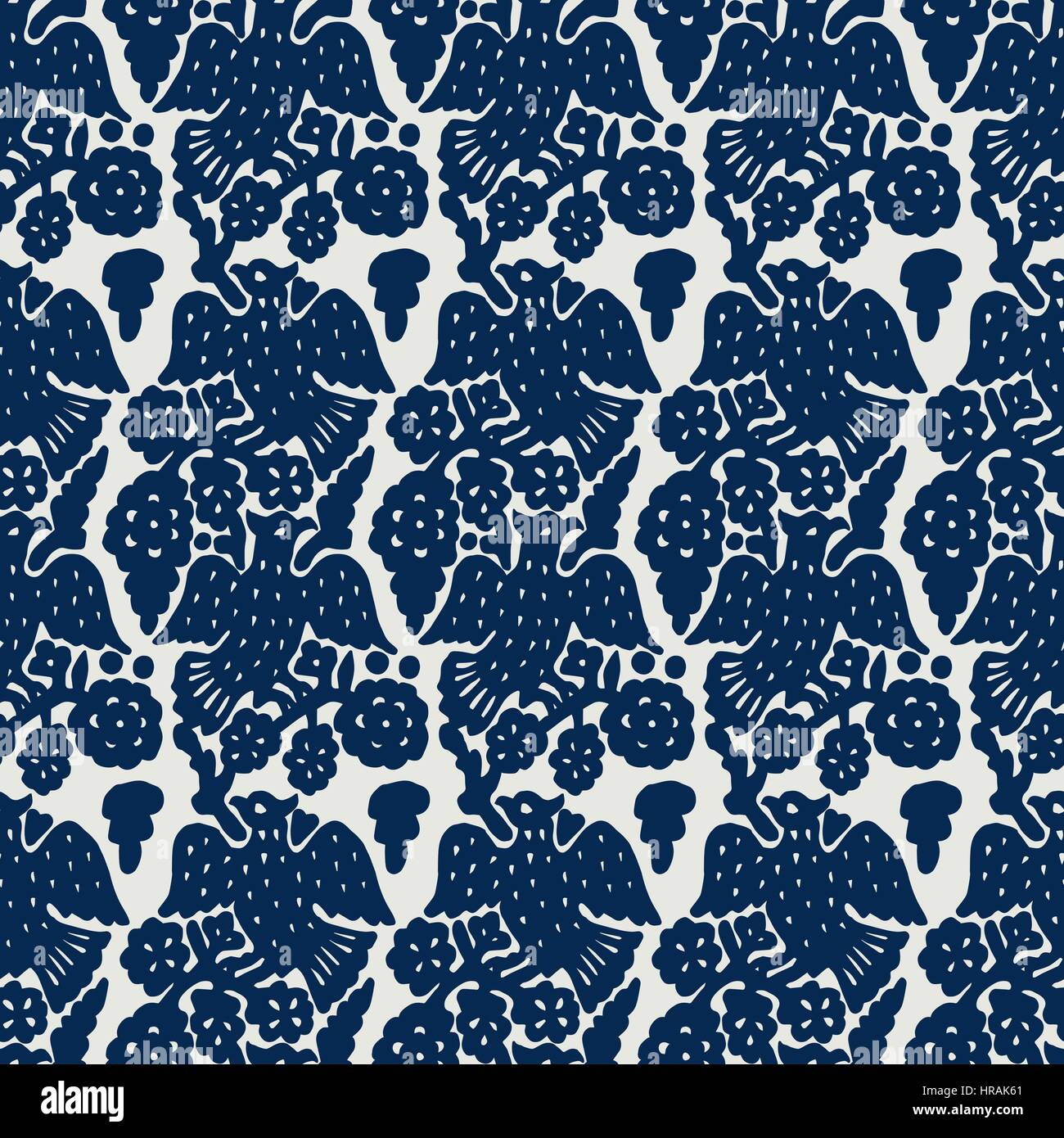 Traditionelle Block Ornament, handgemachte russischen Motiv mit navy blauen Vögel und Blumen auf Ecru Hintergrund gedruckt. Textildruck. Stock Vektor