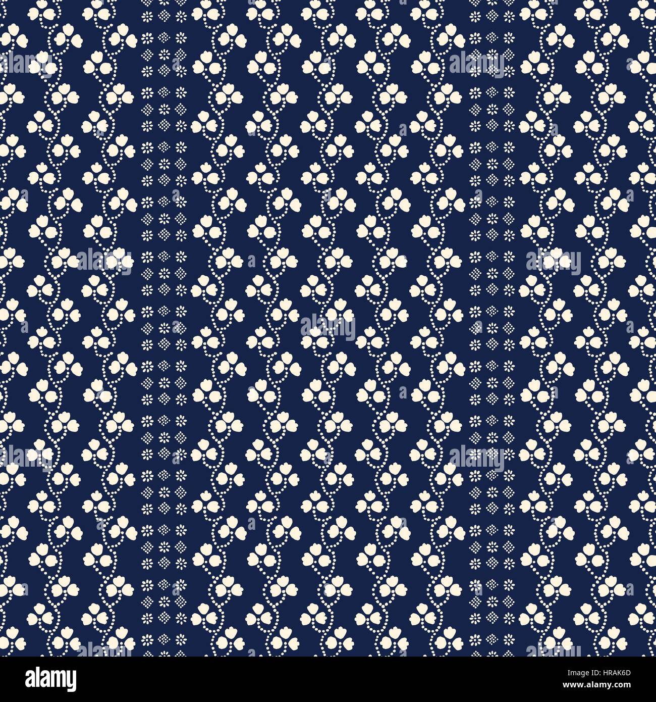 Traditionelle Block gedruckt Ornament. Nahtlose Blumenmuster, handgemachte russischen folk-Motiv mit Klee und Blöcke in Navy-blau und Ecru. Textildruck. Stock Vektor
