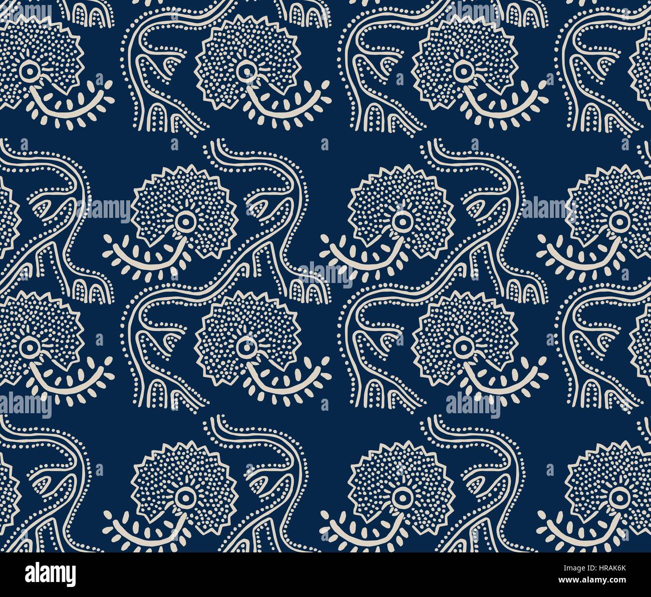 Nahtlose Blumenmuster gedruckt traditionellen Block, Ornament, handgemachte russischen Motiv in Navy-blau und Ecru. Textildruck. Stock Vektor