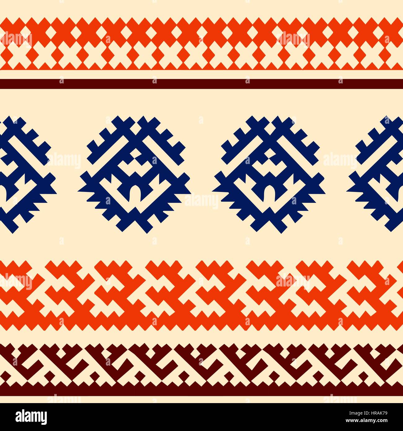 Stammes-Musterdesign. Sibirische Folk geometrischen Drucken mit ornamentalen Motiven Khanty Leute in ihrer authentischen Farben blau, Orange und braun auf ein e Stock Vektor