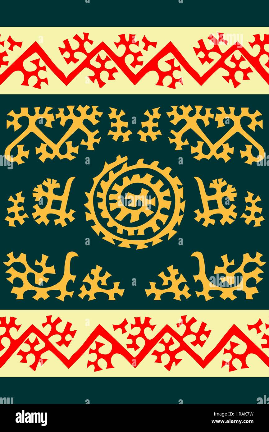 Stammes-Musterdesign. Sibirische Folk geometrischen Drucken mit ornamentalen Motiven Mansi Menschen in ihrer authentischen Farben golden, rot und gelb auf emer Stock Vektor