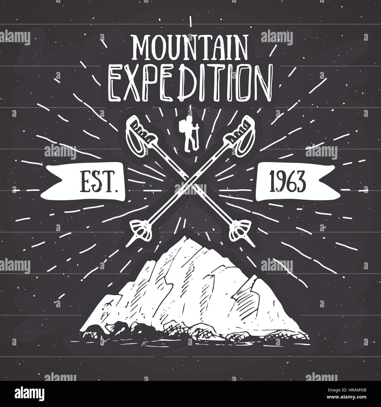 Berg-Expedition Vintage Label Retro-Abzeichen. Die Hand gezeichnete strukturierte Emblem im Freien, Wandern, Abenteuer und die Berge erkunden, Extremsport, Grunge hip Stock Vektor