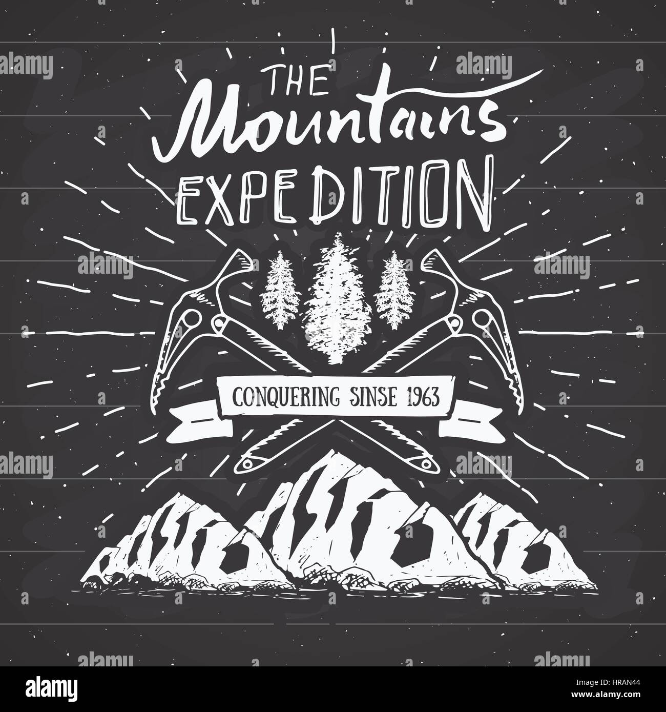 Berg-Expedition Vintage Label Retro-Abzeichen. Die Hand gezeichnete strukturierte Emblem im Freien, Wandern, Abenteuer und die Berge erkunden, Extremsport, Grunge hip Stock Vektor