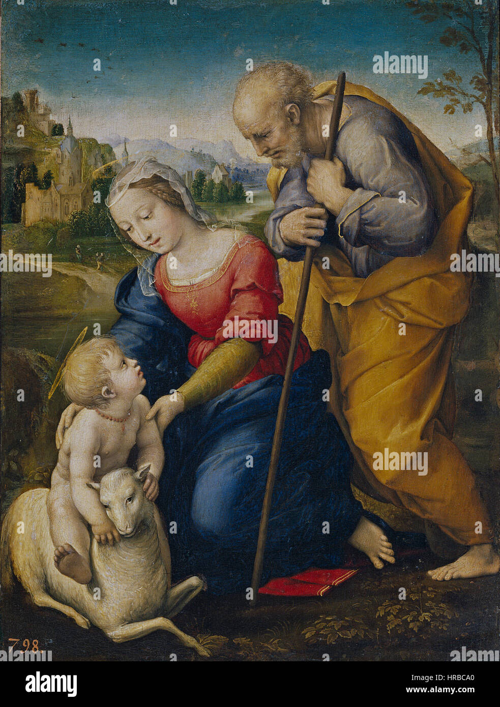 Raffaello Sanzio - La Sagrada Familia Con un Cordero Stockfoto