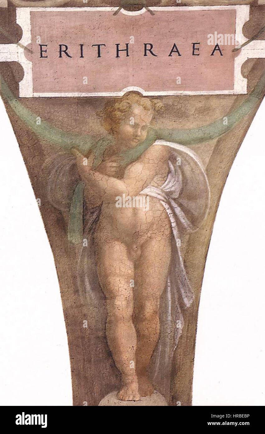 Sixtinische Kapelle - Michelangelo - Figur unter den Ayyubiden-Sibylle (unrestauriert) Stockfoto