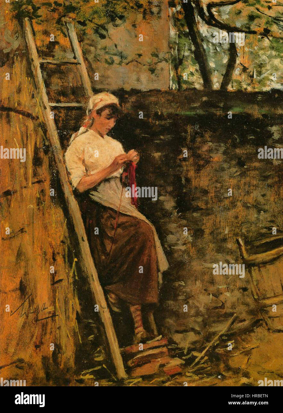 Silvestro Lega - Landmädchen gelehnt eine Leiter - WGA12635 Stockfoto