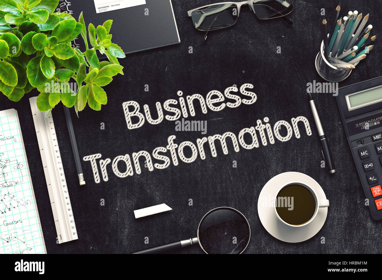 Schwarze Tafel mit Business-Transformation. 3D-Rendering. Stockfoto