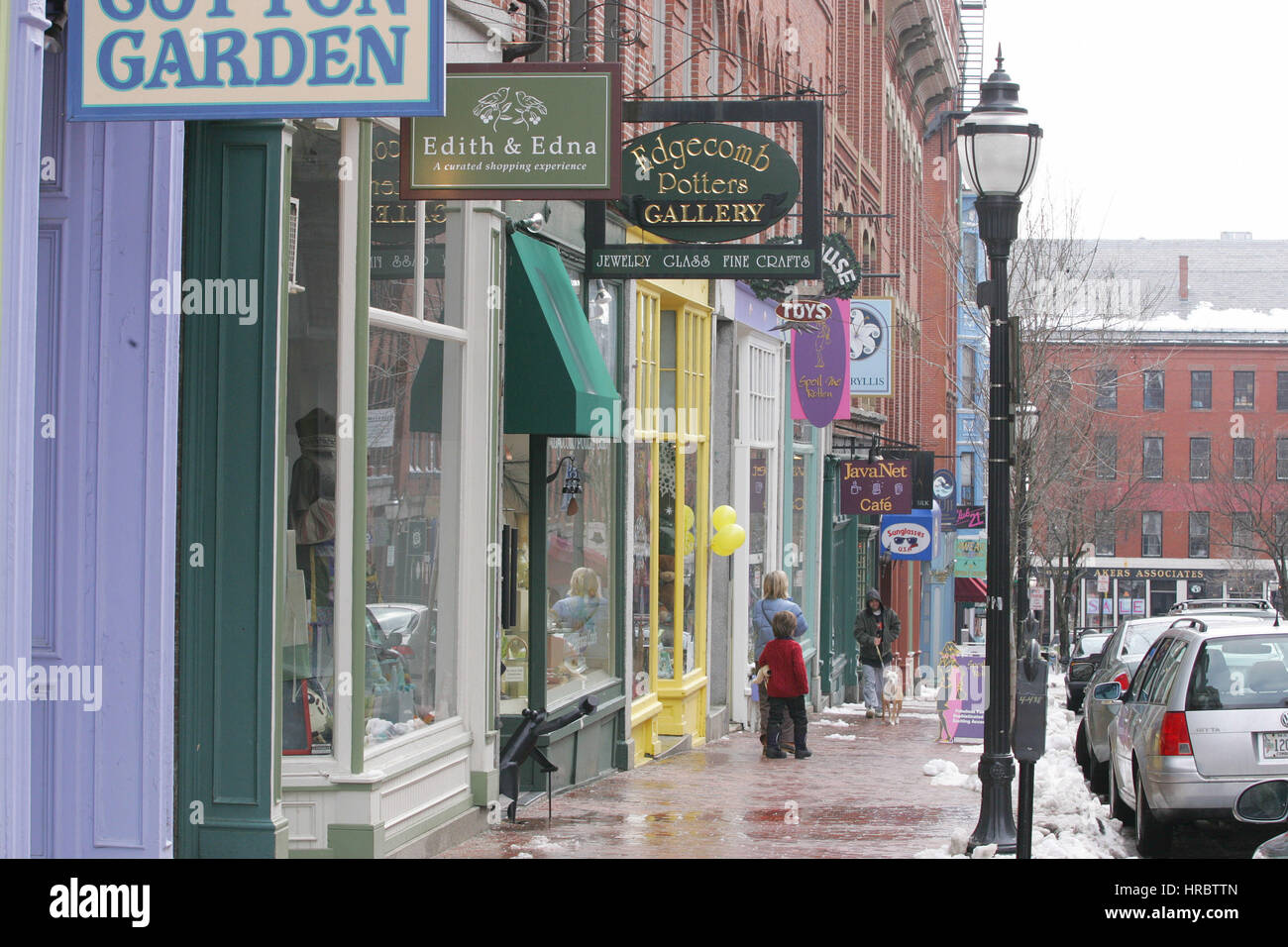 Exchange Street restaurierte Gebäude Geschäfte Portland Maine New England USA Winterschnee Stockfoto