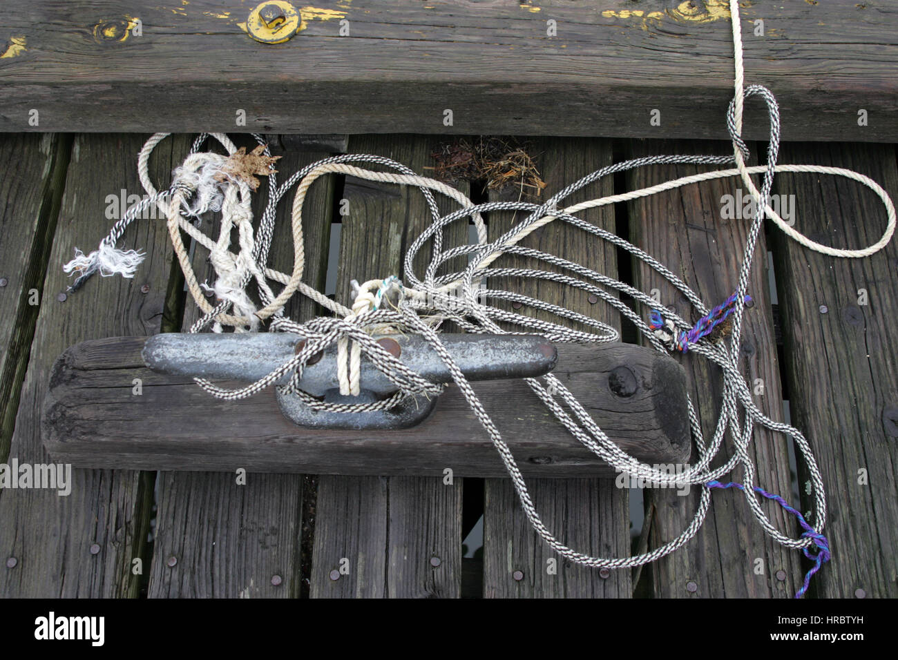 Dock-Linien alten Seil verwirrend ausgefranst an den dock-Klampe Maine New England USA gebunden Stockfoto