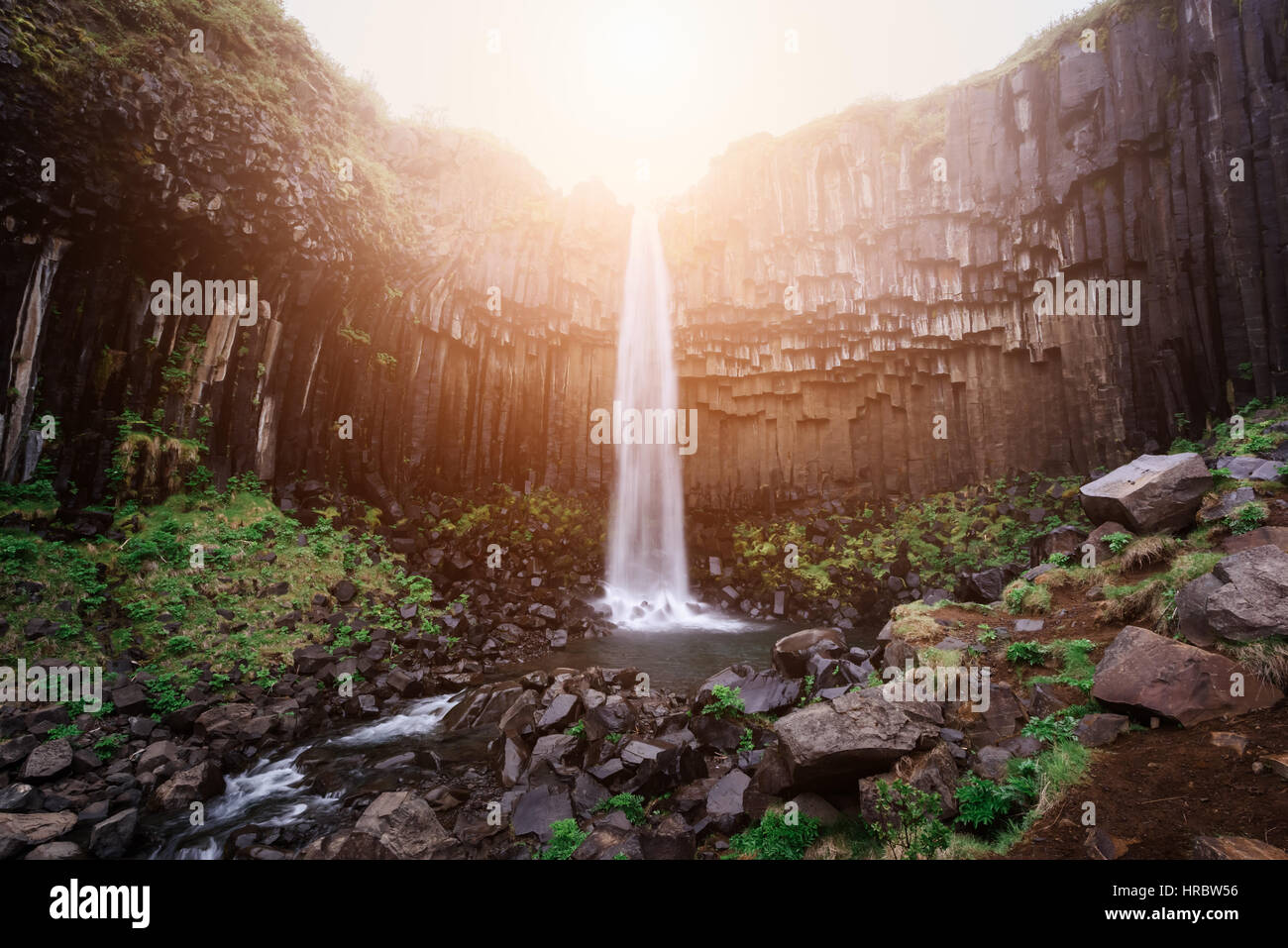 Berühmten Wasserfall Svartifoss. Eine weitere namens schwarz Herbst. Das Hotel liegt in Skaftafell, Vatnajökull-Nationalpark, Island. Stockfoto