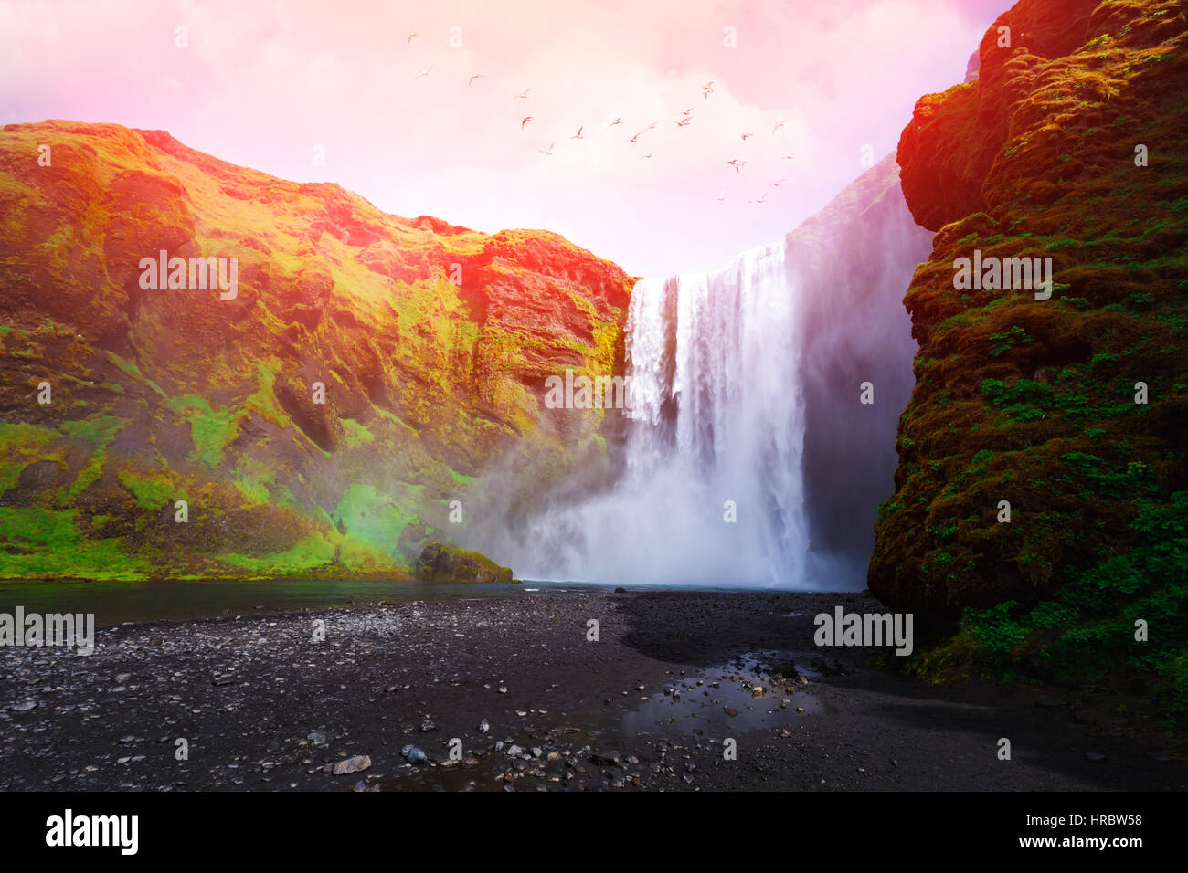 Am berühmten Skogafoss Wasserfall auf Skoga Fluss. Island, Europa Stockfoto