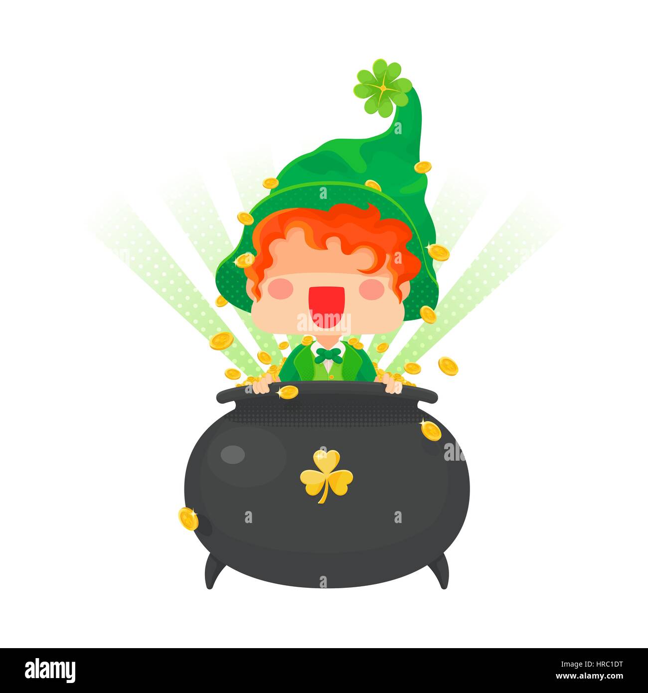 Vektor-Illustration von St. Patricks Tag glücklich Kobold mit Topf mit Gold-Münzen für die Grußkarte. Stock Vektor