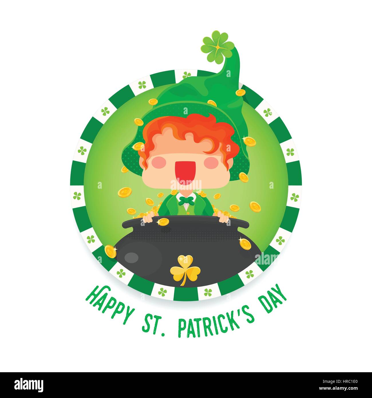 Vektor-Illustration von St. Patricks Tag glücklich Kobold mit Topf mit Gold-Münzen für die Grußkarte. Stock Vektor